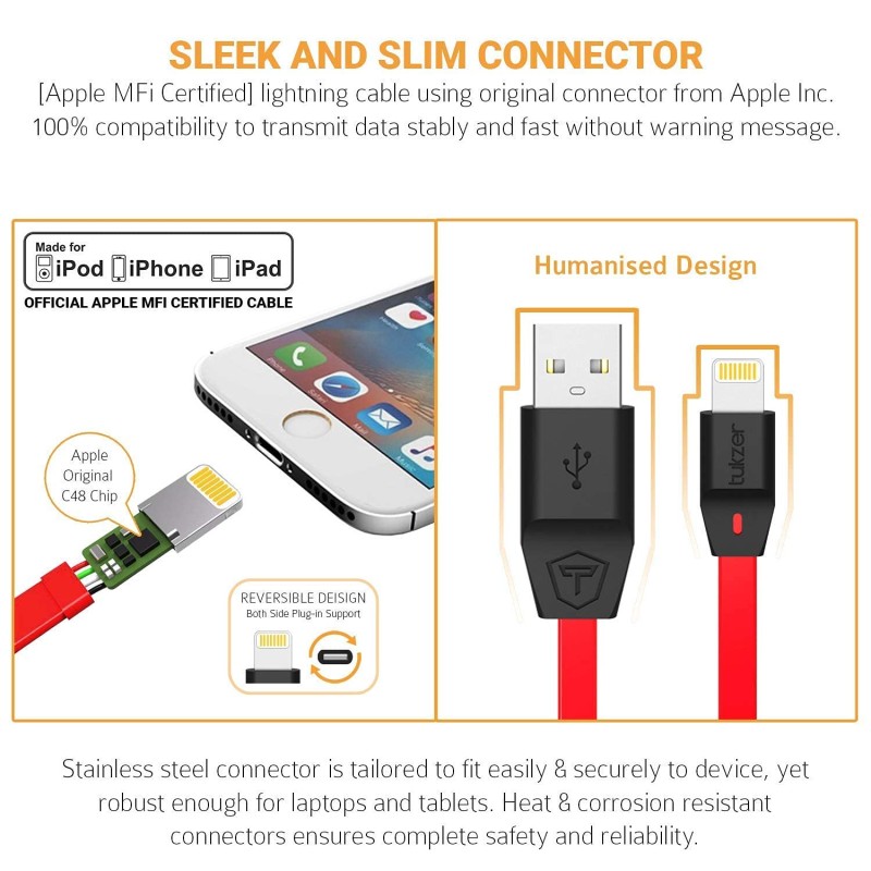 Tukzer Apple Mfi Certified 8 Pin 2.4Ampere Fast Charge Lightning Cable (Red, 3.2 Feet) Tukzer Apple Mfi Certified 8 Pin 2.4Ampere Fast Charge Lightning Cable (Red, 3.2 Feet)