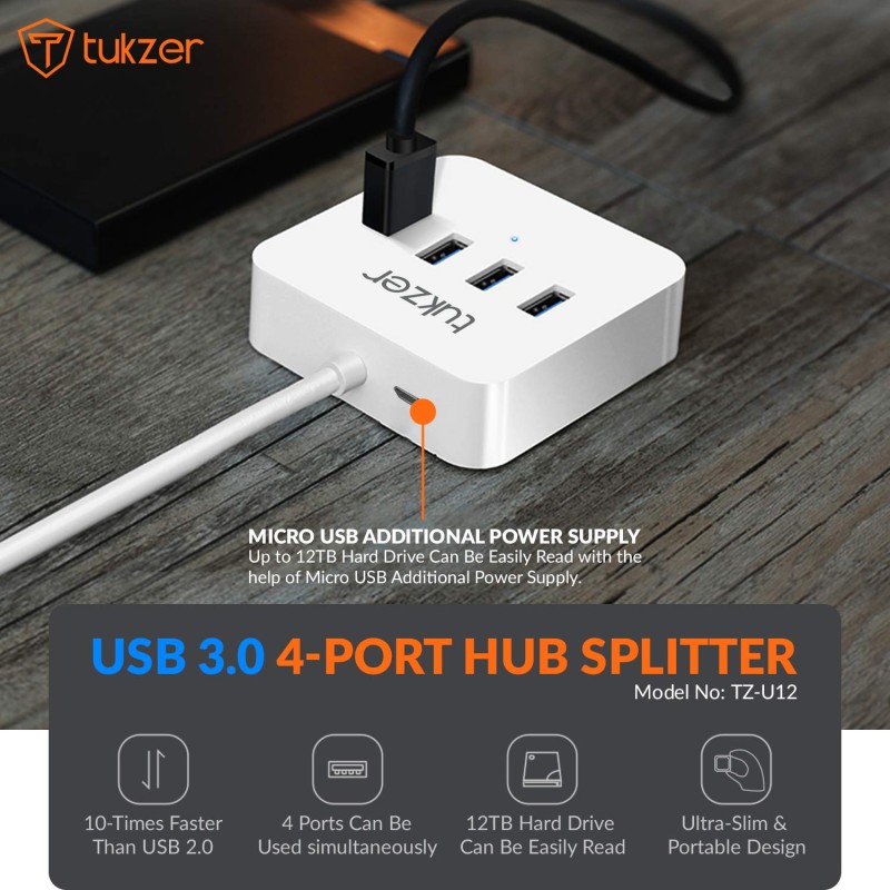 Tukzer 4-Ports USB A to USB 3.0 HUB with High-Speed Data Transfer & Fast Charing Ports, Compatible for MacBook Air, Mac Mini, iMac Pro, Microsoft Surface, UltraBooks, Laptop, Notebook, Desktop (White) Tukzer 4-Ports USB A to USB 3.0 HUB with High-Speed Data Transfer & Fast Charing Ports, Compatible for MacBook Air, Mac Mini, iMac Pro, Microsoft Surface, UltraBooks, Laptop, Notebook, Desktop (White)