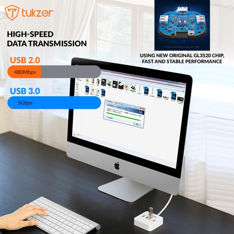 Tukzer 4-Ports USB A to USB 3.0 HUB with High-Speed Data Transfer & Fast Charing Ports, Compatible for MacBook Air, Mac Mini, iMac Pro, Microsoft Surface, UltraBooks, Laptop, Notebook, Desktop (White) Tukzer 4-Ports USB A to USB 3.0 HUB with High-Speed Data Transfer & Fast Charing Ports, Compatible for MacBook Air, Mac Mini, iMac Pro, Microsoft Surface, UltraBooks, Laptop, Notebook, Desktop (White)