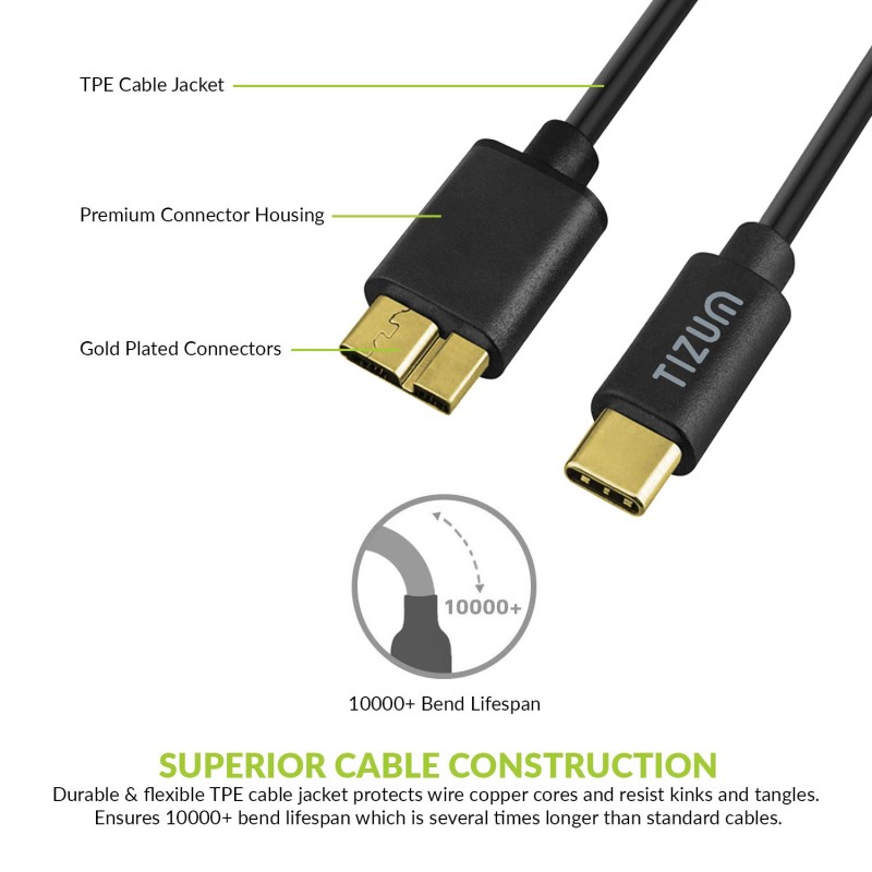 Tizum Z97- USB Type-C to Micro-B USB 3.0 (Gen 2/10 Gbps) Charger Cable, Thunderbolt 3 Compatible for Windows/Mac etc., (0.3 Meters/ 12 inch) - Black Tizum Z97- USB Type-C to Micro-B USB 3.0 (Gen 2/10 Gbps) Charger Cable, Thunderbolt 3 Compatible for Windows/Mac etc., (0.3 Meters/ 12 inch) - Black