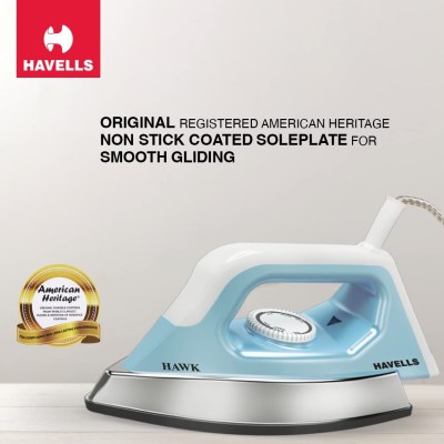 Havells ABS Hawk 1100 Watt Heavy Weight Dry Iron With American Heritage Non Stick Sole Plate, Aerodynamic Design, Easy Grip Temperature Knob (Blue & White), 1100 Watts Havells ABS Hawk 1100 Watt Heavy Weight Dry Iron With American Heritage Non Stick Sole Plate, Aerodynamic Design, Easy Grip Temperature Knob (Blue & White), 1100 Watts