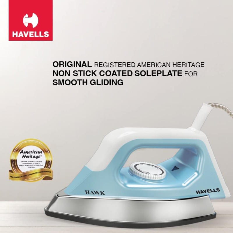 Havells ABS Hawk 1100 Watt Heavy Weight Dry Iron With American Heritage Non Stick Sole Plate, Aerodynamic Design, Easy Grip Temperature Knob (Blue & White), 1100 Watts Havells ABS Hawk 1100 Watt Heavy Weight Dry Iron With American Heritage Non Stick Sole Plate, Aerodynamic Design, Easy Grip Temperature Knob (Blue & White), 1100 Watts
