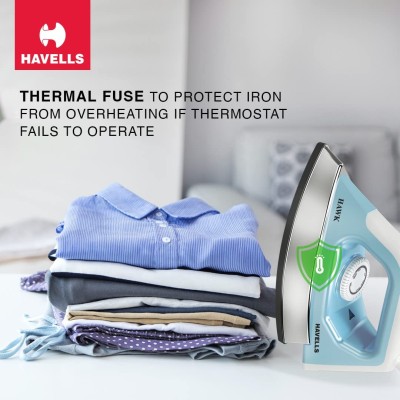 Havells ABS Hawk 1100 Watt Heavy Weight Dry Iron With American Heritage Non Stick Sole Plate, Aerodynamic Design, Easy Grip Temperature Knob (Blue & White), 1100 Watts Havells ABS Hawk 1100 Watt Heavy Weight Dry Iron With American Heritage Non Stick Sole Plate, Aerodynamic Design, Easy Grip Temperature Knob (Blue & White), 1100 Watts