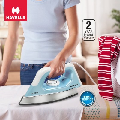 Havells ABS Hawk 1100 Watt Heavy Weight Dry Iron With American Heritage Non Stick Sole Plate, Aerodynamic Design, Easy Grip Temperature Knob (Blue & White), 1100 Watts Havells ABS Hawk 1100 Watt Heavy Weight Dry Iron With American Heritage Non Stick Sole Plate, Aerodynamic Design, Easy Grip Temperature Knob (Blue & White), 1100 Watts