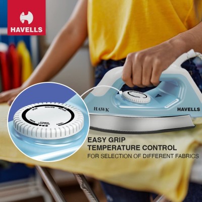 Havells ABS Hawk 1100 Watt Heavy Weight Dry Iron With American Heritage Non Stick Sole Plate, Aerodynamic Design, Easy Grip Temperature Knob (Blue & White), 1100 Watts Havells ABS Hawk 1100 Watt Heavy Weight Dry Iron With American Heritage Non Stick Sole Plate, Aerodynamic Design, Easy Grip Temperature Knob (Blue & White), 1100 Watts