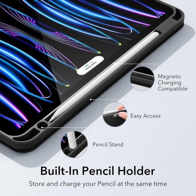 ESR for iPad Pro 11 inch Case (2022/2021, 4th/3rd Generation), Built-in Pencil Holder, Pencil 2 Support, Flexible Back Cover, Trifold Stand, Auto Sleep/Wake, Rebound Pencil Series, Black ESR for iPad Pro 11 inch Case (2022/2021, 4th/3rd Generation), Built-in Pencil Holder, Pencil 2 Support, Flexible Back Cover, Trifold Stand, Auto Sleep/Wake, Rebound Pencil Series, Black