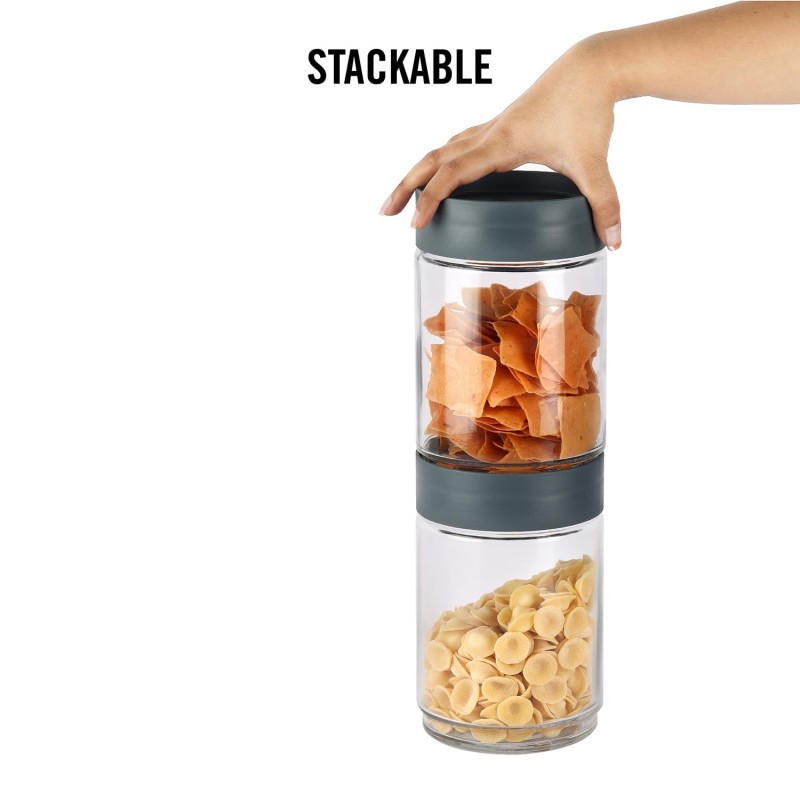 CELLO Modustack Glassy Storage Jar | Glass Jar with Lid | Air Tight Steel Lid and Stackable | For Storage of Food, Pulses, Spice, Cereals, Cookies, Dry Food | 1500ml, Grey CELLO Modustack Glassy Storage Jar | Glass Jar with Lid | Air Tight Steel Lid and Stackable | For Storage of Food, Pulses, Spice, Cereals, Cookies, Dry Food | 1500ml, Grey