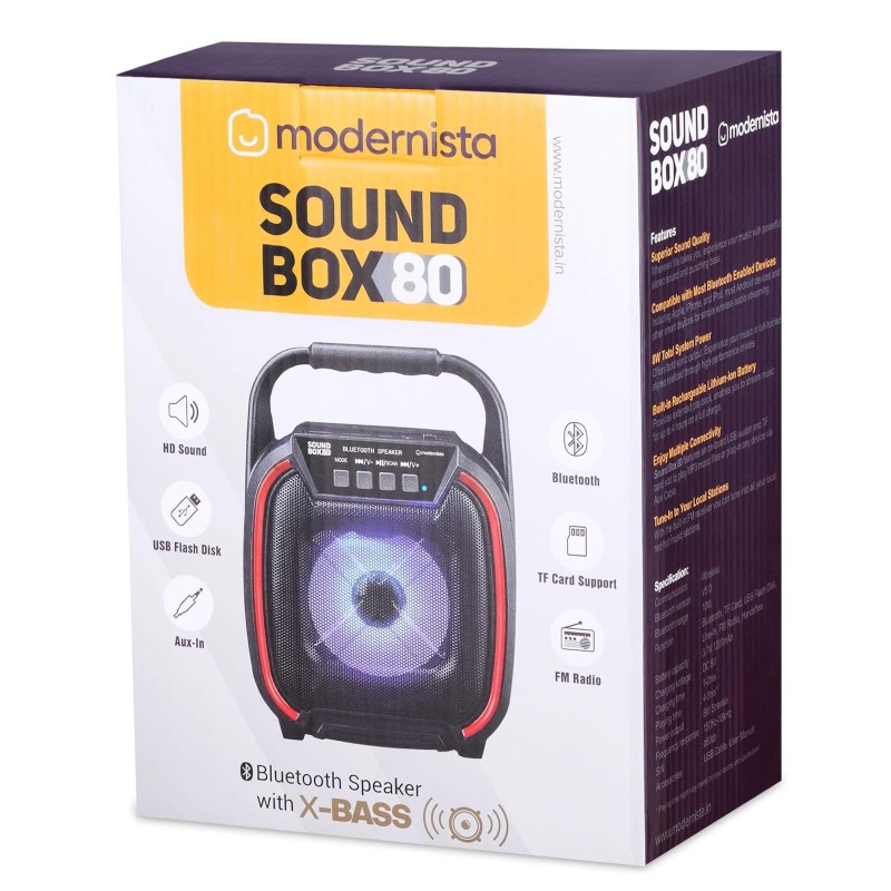Modernista SoundBox 80 Wireless Portable BT Speaker with USB Pen Drive Slot, 3.5mm AUX Input, Micro SD Card Slot, Built in FM, BT5.0,Carry Handle, LED Modernista SoundBox 80 Wireless Portable BT Speaker with USB Pen Drive Slot, 3.5mm AUX Input, Micro SD Card Slot, Built in FM, BT5.0,Carry Handle, LED