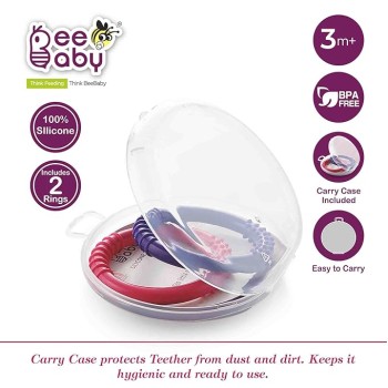 BeeBaby Loops Shape Soft Silicone Teether for 6 to 12 Months with Carry Case, BPA Free Teething Toy for Babies with Textured Surface for Soothing Gums. 100% Food Grade (Loops - Pink_Violet) Pack of 2