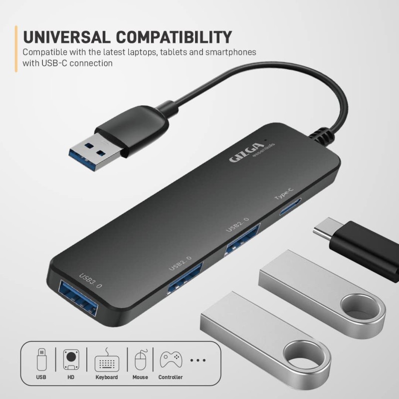 GIZGA essentials USB A 3.0 HUB, 4 Port Adapter, 5GBPS Fast Data Transfer, 3 USB A Ports, 1 Type C, Multi-System Compatible, MacBook, Type-A Devices, for Windows/Mac OS/Linux,Black GIZGA essentials USB A 3.0 HUB, 4 Port Adapter, 5GBPS Fast Data Transfer, 3 USB A Ports, 1 Type C, Multi-System Compatible, MacBook, Type-A Devices, for Windows/Mac OS/Linux,Black