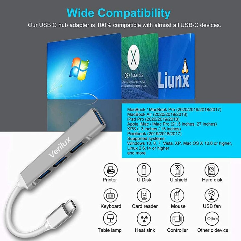 Verilux� USB C Hub Multiport Adapter with 4 USB Ports High Speed 3.0 USB Hub for Laptop USB Type C Hub for Macbook Pro Air C-Type Smartphones USB Extender with Multi USB Port for Laptop Type-C Devices Verilux� USB C Hub Multiport Adapter with 4 USB Ports High Speed 3.0 USB Hub for Laptop USB Type C Hub for Macbook Pro Air C-Type Smartphones USB Extender with Multi USB Port for Laptop Type-C Devices