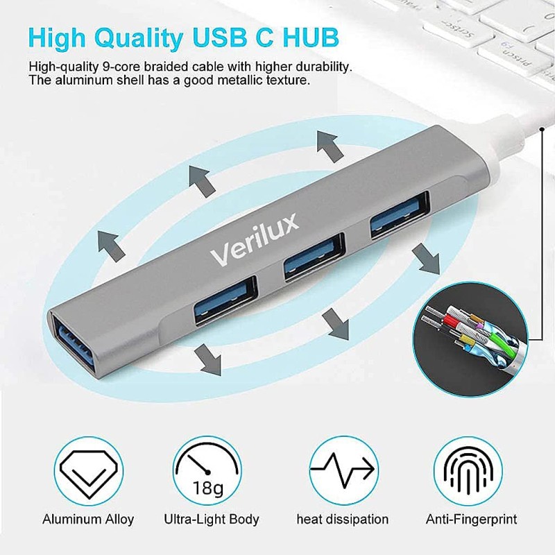Verilux� USB C Hub Multiport Adapter with 4 USB Ports High Speed 3.0 USB Hub for Laptop USB Type C Hub for Macbook Pro Air C-Type Smartphones USB Extender with Multi USB Port for Laptop Type-C Devices Verilux� USB C Hub Multiport Adapter with 4 USB Ports High Speed 3.0 USB Hub for Laptop USB Type C Hub for Macbook Pro Air C-Type Smartphones USB Extender with Multi USB Port for Laptop Type-C Devices