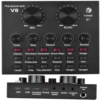 Powerpak V8 Portable Audio Mixer Interface, Bluetooth Sound Card for Live Streaming, Recording, Podcast,Voice Change/Karaoke/Gaming/Singing with Sound Effects, 3.5mm Mic Jack for Guitar