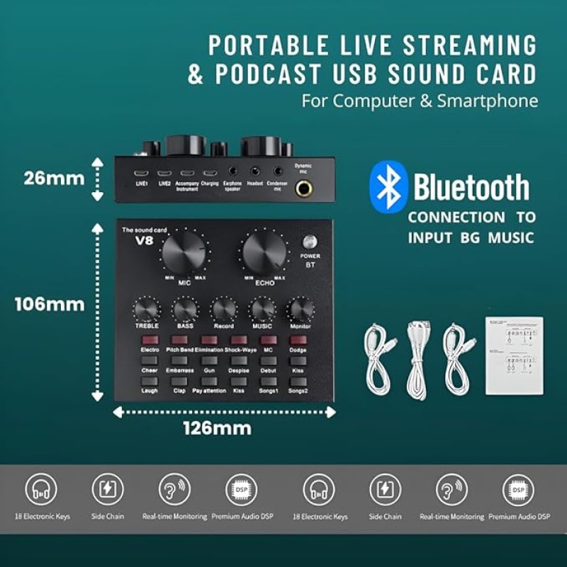 Powerpak V8 Portable Audio Mixer Interface, Bluetooth Sound Card for Live Streaming, Recording, Podcast,Voice Change/Karaoke/Gaming/Singing with Sound Effects, 3.5mm Mic Jack for Guitar Powerpak V8 Portable Audio Mixer Interface, Bluetooth Sound Card for Live Streaming, Recording, Podcast,Voice Change/Karaoke/Gaming/Singing with Sound Effects, 3.5mm Mic Jack for Guitar