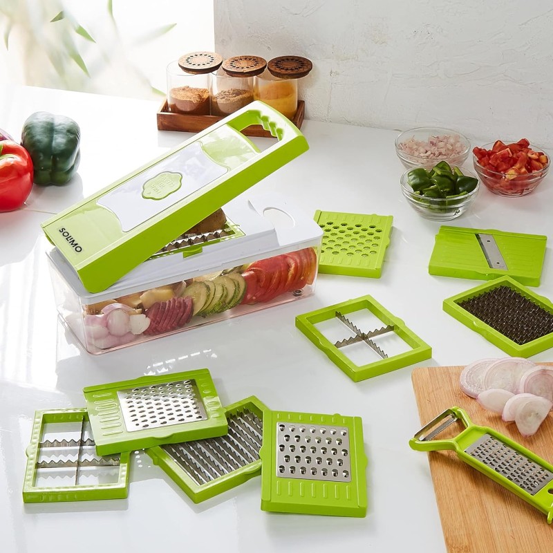Solimo 11-in-1 Stainless Steel Multipurpose Vegetable and Fruit Chopper, Green Solimo 11-in-1 Stainless Steel Multipurpose Vegetable and Fruit Chopper, Green