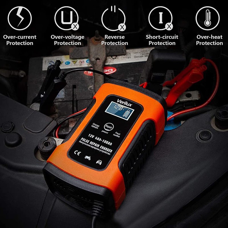 Verilux® Fully Automatic Battery Charger 5A 12V, Car Battery Charger & Maintainer- EU Plugfor Car, Motorcycle, Lawn Mower and More(Red) Verilux® Fully Automatic Battery Charger 5A 12V, Car Battery Charger & Maintainer- EU Plugfor Car, Motorcycle, Lawn Mower and More(Red)