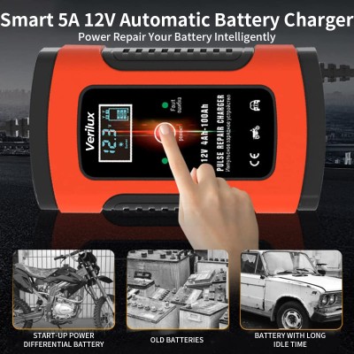 Verilux® Fully Automatic Battery Charger 5A 12V, Car Battery Charger & Maintainer- EU Plugfor Car, Motorcycle, Lawn Mower and More(Red) Verilux® Fully Automatic Battery Charger 5A 12V, Car Battery Charger & Maintainer- EU Plugfor Car, Motorcycle, Lawn Mower and More(Red)