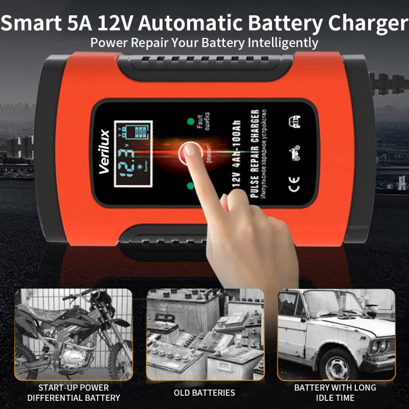 Verilux® Fully Automatic Battery Charger 5A 12V, Car Battery Charger & Maintainer- EU Plugfor Car, Motorcycle, Lawn Mower and More(Red) Verilux® Fully Automatic Battery Charger 5A 12V, Car Battery Charger & Maintainer- EU Plugfor Car, Motorcycle, Lawn Mower and More(Red)