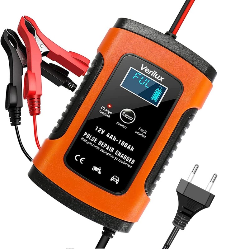 Verilux® Fully Automatic Battery Charger 5A 12V, Car Battery Charger & Maintainer- EU Plugfor Car, Motorcycle, Lawn Mower and More(Red) Verilux® Fully Automatic Battery Charger 5A 12V, Car Battery Charger & Maintainer- EU Plugfor Car, Motorcycle, Lawn Mower and More(Red)