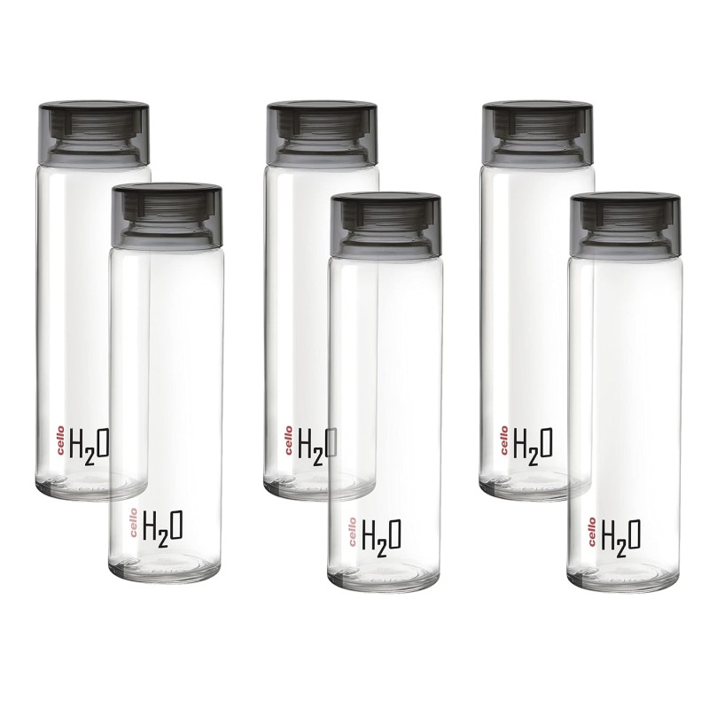 CELLO H2O Glass Fridge Water Bottle with Plastic Cap | Leak proof & break-proof | Wide mouth & Easy to Clean | Best Usage for Office/School/College | Set of 6, 920ml | Black CELLO H2O Glass Fridge Water Bottle with Plastic Cap | Leak proof & break-proof | Wide mouth & Easy to Clean | Best Usage for Office/School/College | Set of 6, 920ml | Black