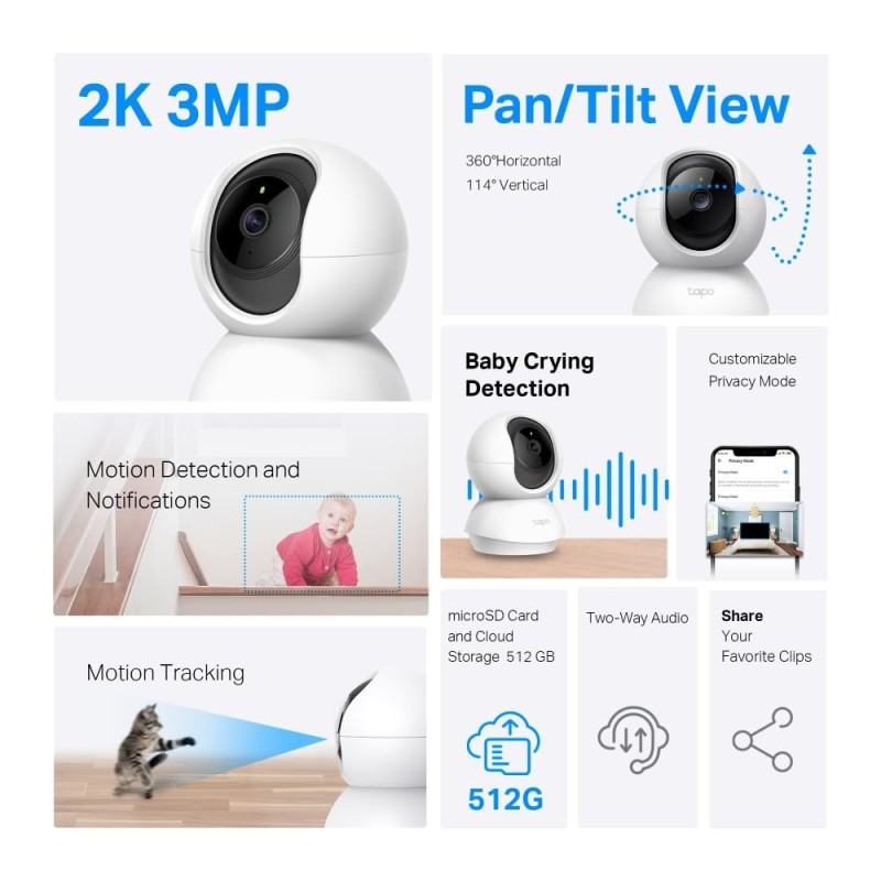 Tapo TP-Link C210 360° 3MP Full HD 2304 X 1296P Video Pan/Tilt Smart Wi-Fi Security Camera | Alexa Enabled | 2-Way Audio| Night Vision| Motion Detection | Indoor CCTV White Tapo TP-Link C210 360° 3MP Full HD 2304 X 1296P Video Pan/Tilt Smart Wi-Fi Security Camera | Alexa Enabled | 2-Way Audio| Night Vision| Motion Detection | Indoor CCTV White