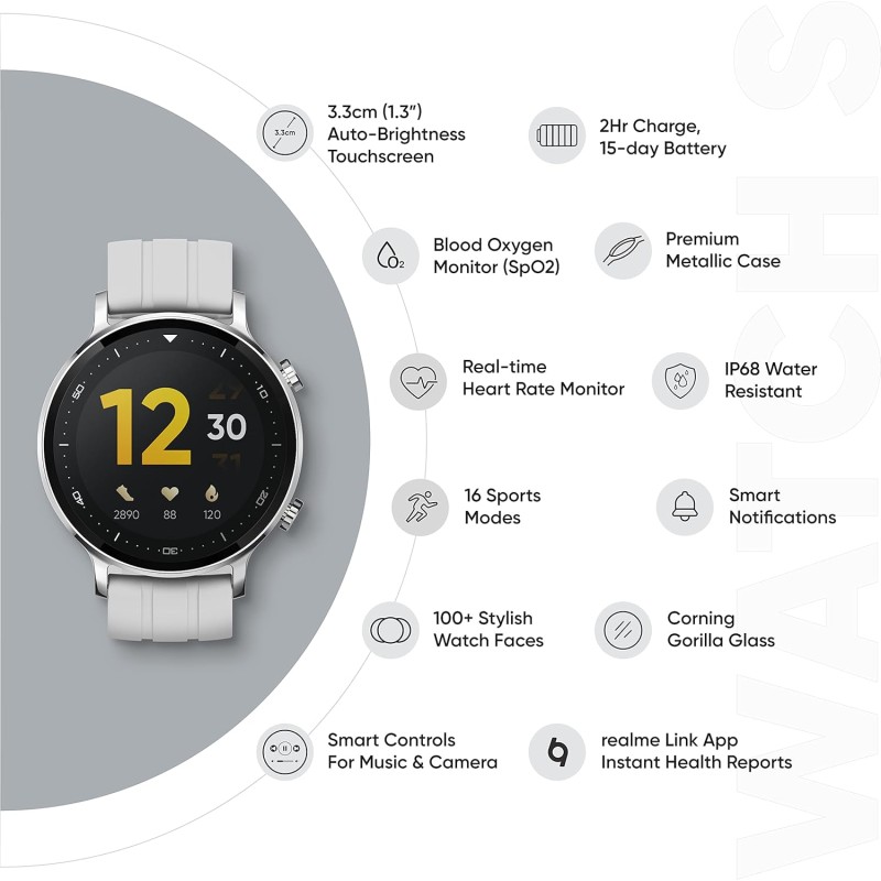 realme Smart Watch S with 3.30 cm (1.3") TFT-LCD Touchscreen, 15 Days Battery Life, SpO2 & Heart Rate Monitoring, IP68 Water Resistance, Silver (RMA207) realme Smart Watch S with 3.30 cm (1.3") TFT-LCD Touchscreen, 15 Days Battery Life, SpO2 & Heart Rate Monitoring, IP68 Water Resistance, Silver (RMA207)