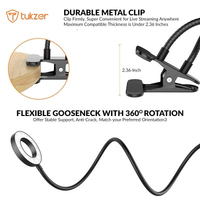 Tukzer 3.5" LED Selfie Ring Light with Phone Holder |Flexible Arm Desk Mount Clamp for Live Stream, Makeup, Online Meetings, Recording, Photography, USB Reading Light | 3 Color 10 Brightness Level Tukzer 3.5" LED Selfie Ring Light with Phone Holder |Flexible Arm Desk Mount Clamp for Live Stream, Makeup, Online Meetings, Recording, Photography, USB Reading Light | 3 Color 10 Brightness Level