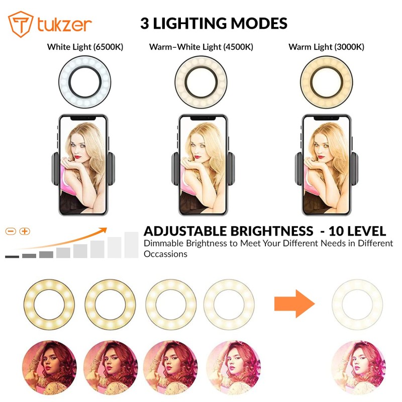 Tukzer 3.5" LED Selfie Ring Light with Phone Holder |Flexible Arm Desk Mount Clamp for Live Stream, Makeup, Online Meetings, Recording, Photography, USB Reading Light | 3 Color 10 Brightness Level Tukzer 3.5" LED Selfie Ring Light with Phone Holder |Flexible Arm Desk Mount Clamp for Live Stream, Makeup, Online Meetings, Recording, Photography, USB Reading Light | 3 Color 10 Brightness Level