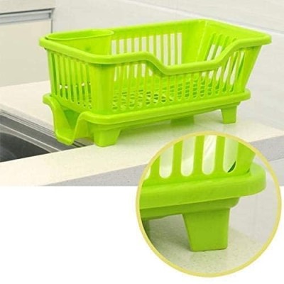 ROKOO Omkar s 3 in 1 Kitchen Sink Dish Drainer Drying Rack Utensils Washing Holder Plastic Basket Organizer with Tray and Utensil Cutlery Holder Cup (Green)