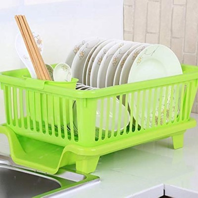 ROKOO Omkar s 3 in 1 Kitchen Sink Dish Drainer Drying Rack Utensils Washing Holder Plastic Basket Organizer with Tray and Utensil Cutlery Holder Cup (Green)