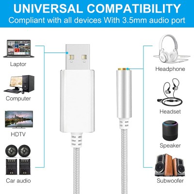 Verilux® 2 in 1 USB Sound Card(20cm),External Sound Card Jack Audio Adapter with 3.5mm Aux Stereo Converter Compatible with Headset,PC, Laptop,Linux,Desktops,PS4 and More Device (Silver) Verilux® 2 in 1 USB Sound Card(20cm),External Sound Card Jack Audio Adapter with 3.5mm Aux Stereo Converter Compatible with Headset,PC, Laptop,Linux,Desktops,PS4 and More Device (Silver)
