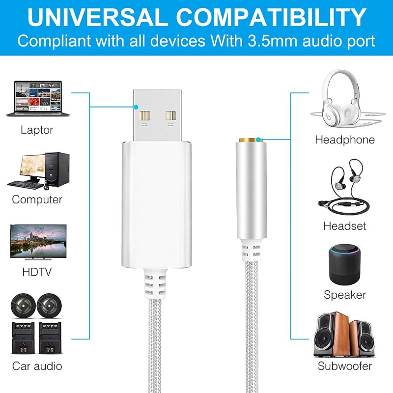 Verilux® 2 in 1 USB Sound Card(20cm),External Sound Card Jack Audio Adapter with 3.5mm Aux Stereo Converter Compatible with Headset,PC, Laptop,Linux,Desktops,PS4 and More Device (Silver) Verilux® 2 in 1 USB Sound Card(20cm),External Sound Card Jack Audio Adapter with 3.5mm Aux Stereo Converter Compatible with Headset,PC, Laptop,Linux,Desktops,PS4 and More Device (Silver)