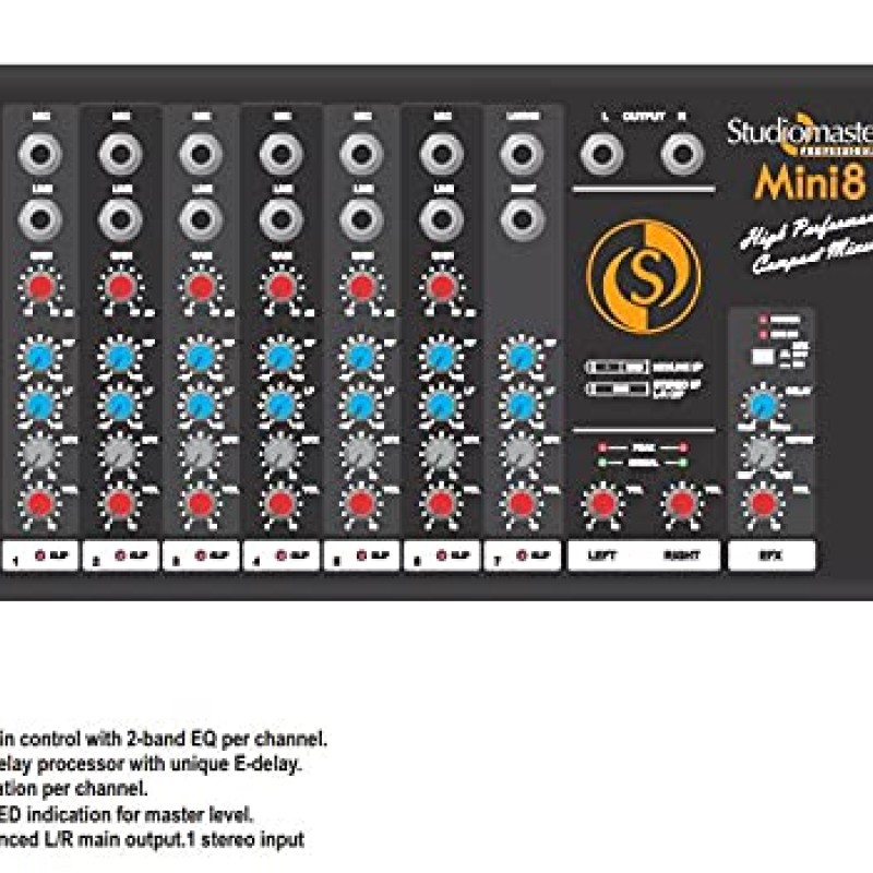 Studiomaster Mini 8 Built-in echo/delay processor with unique E-delay Studiomaster Mini 8 Built-in echo/delay processor with unique E-delay
