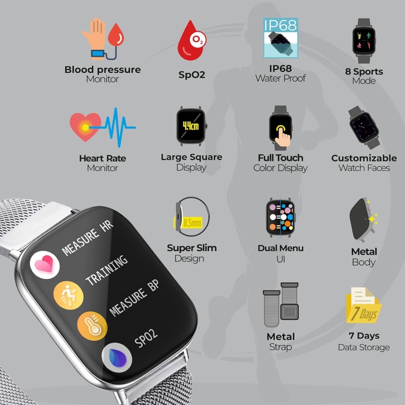 Zebronics Zeb-FIT5220CH Limited Edition Smart Fitness Watch,2.5D Curved Glass 4.4cm Square Display, Metal Body & Strap, SpO2/BP/HR Monitor, IP68 Water Proof, 8 Sports Mode(Silver Rim + Metal Strap) Zebronics Zeb-FIT5220CH Limited Edition Smart Fitness Watch,2.5D Curved Glass 4.4cm Square Display, Metal Body & Strap, SpO2/BP/HR Monitor, IP68 Water Proof, 8 Sports Mode(Silver Rim + Metal Strap)