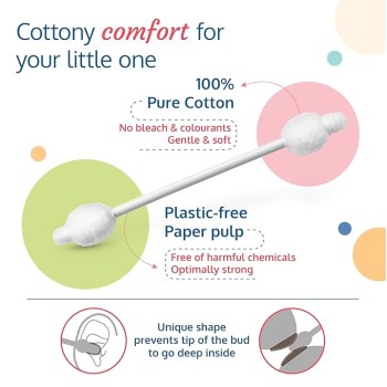 LuvLap Baby Comfy Safety Tip Cotton Buds with Ear Cleaning Protection, Unbleached Cotton, Pack of 100 Sticks,200 Buds White