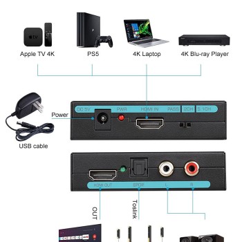 Microware 4K HDMI 2.0 Audio Extractor, Support 4K@60HZ YUV 4:4:4 HDR, 3D Compatible, HDMI 2.0