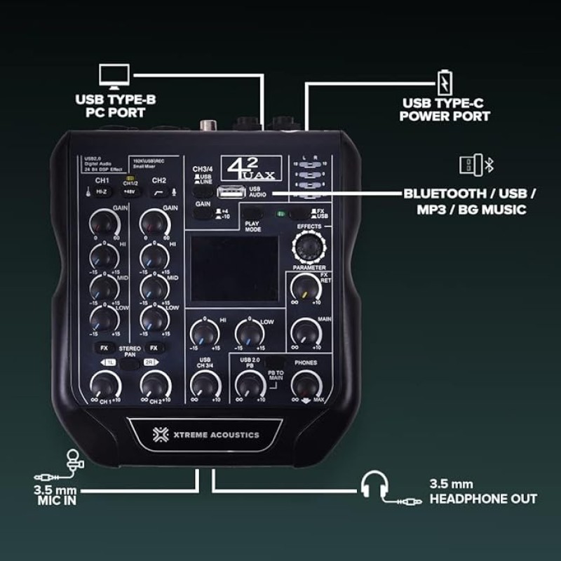 Xtreme Acoustics XAMX42 4 Channel Audio Mixer Interface with 192Khz Sampling Rate, Dual Track Recording, MP3 Input and 24Bit DSP FX Processor for Studio Youtube Recording, DJ Mixing, Karaoke Singing Xtreme Acoustics XAMX42 4 Channel Audio Mixer Interface with 192Khz Sampling Rate, Dual Track Recording, MP3 Input and 24Bit DSP FX Processor for Studio Youtube Recording, DJ Mixing, Karaoke Singing