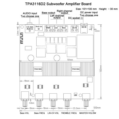 ThreeH Wireless Subwoofer Amplifier Board, Treble and Bass Control, Dual TPA3116D2 Chips for 2.1 Channel High Power (Max 200W) Output ThreeH Wireless Subwoofer Amplifier Board, Treble and Bass Control, Dual TPA3116D2 Chips for 2.1 Channel High Power (Max 200W) Output