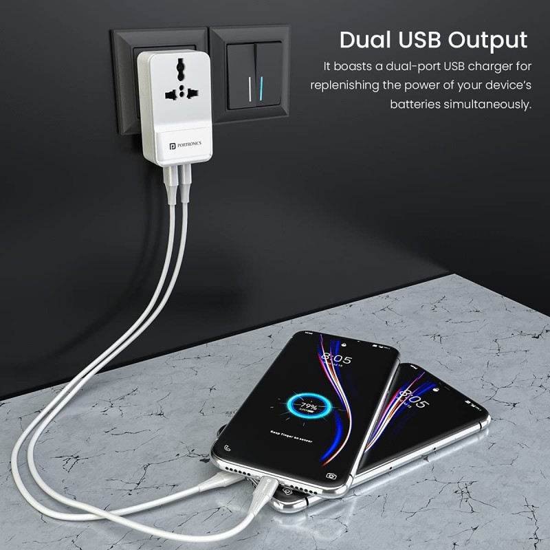 Portronics Adapto III Dual USB Adapter with 1 AC Power Socket 3.4Amp Total Output for Smartphones (White) Portronics Adapto III Dual USB Adapter with 1 AC Power Socket 3.4Amp Total Output for Smartphones (White)