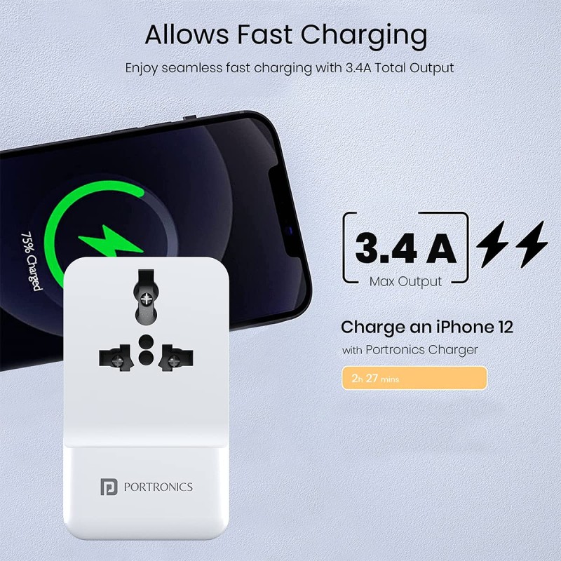 Portronics Adapto III Dual USB Adapter with 1 AC Power Socket 3.4Amp Total Output for Smartphones (White) Portronics Adapto III Dual USB Adapter with 1 AC Power Socket 3.4Amp Total Output for Smartphones (White)