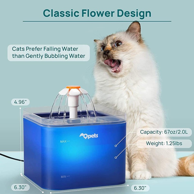 Qpets® Cat Water Fountain with LED Light, 67oz/2.0L, Ultra Quiet Cat Drinking Fountain with Filter, Automatic Pet Water Fountain for Cats and Small Dogs, Blue (Blue Water Fountain) Qpets® Cat Water Fountain with LED Light, 67oz/2.0L, Ultra Quiet Cat Drinking Fountain with Filter, Automatic Pet Water Fountain for Cats and Small Dogs, Blue (Blue Water Fountain)