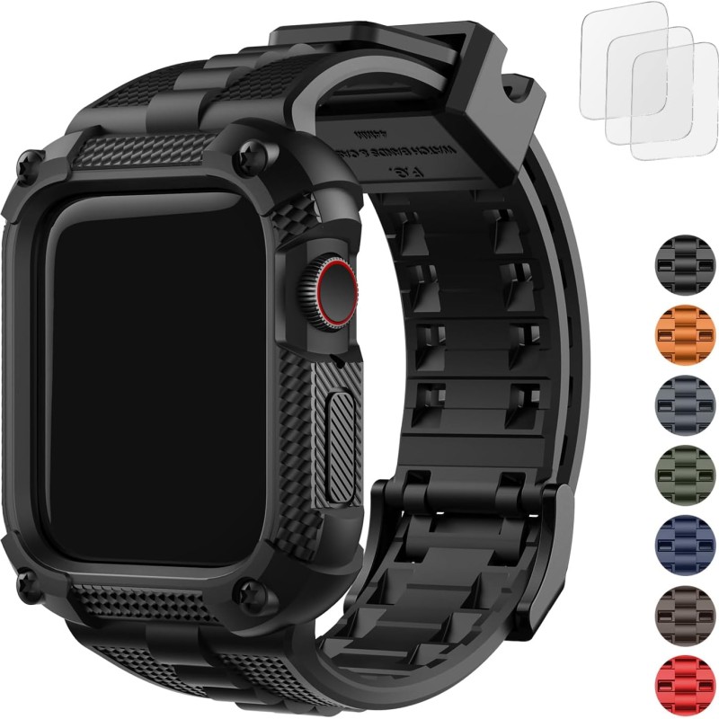 Fullmosa Watch Bands 44mm, Rugged iWatch Band Silicone with Screen Protector and Bumper Case for Men, Compatible with Apple Watch Series 6/5/4/SE 2nd Generation/SE (44mm, Black) Fullmosa Watch Bands 44mm, Rugged iWatch Band Silicone with Screen Protector and Bumper Case for Men, Compatible with Apple Watch Series 6/5/4/SE 2nd Generation/SE (44mm, Black)