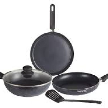 Nouvetta Andria Non-Stick Cookware Set of 5 peices(Dosa Tawa, Kadhai,Frying Pan, Glass Lid,Serving Spoon), Thickness of 3 mm, Black