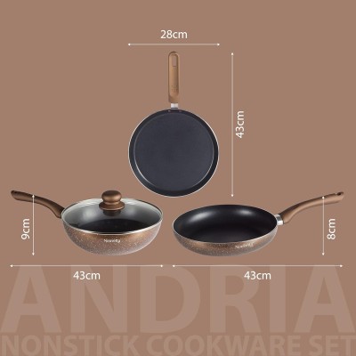 Nouvetta Andria Non-Stick Cookware Set of 5 peices(Dosa Tawa, Kadhai,Frying Pan, Glass Lid,Serving Spoon), Thickness of 3 mm, Black Nouvetta Andria Non-Stick Cookware Set of 5 peices(Dosa Tawa, Kadhai,Frying Pan, Glass Lid,Serving Spoon), Thickness of 3 mm, Black