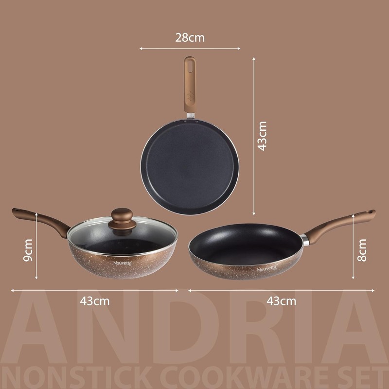 Nouvetta Andria Non-Stick Cookware Set of 5 peices(Dosa Tawa, Kadhai,Frying Pan, Glass Lid,Serving Spoon), Thickness of 3 mm, Black Nouvetta Andria Non-Stick Cookware Set of 5 peices(Dosa Tawa, Kadhai,Frying Pan, Glass Lid,Serving Spoon), Thickness of 3 mm, Black