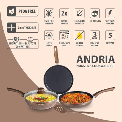 Nouvetta Andria Non-Stick Cookware Set of 5 peices(Dosa Tawa, Kadhai,Frying Pan, Glass Lid,Serving Spoon), Thickness of 3 mm, Black Nouvetta Andria Non-Stick Cookware Set of 5 peices(Dosa Tawa, Kadhai,Frying Pan, Glass Lid,Serving Spoon), Thickness of 3 mm, Black