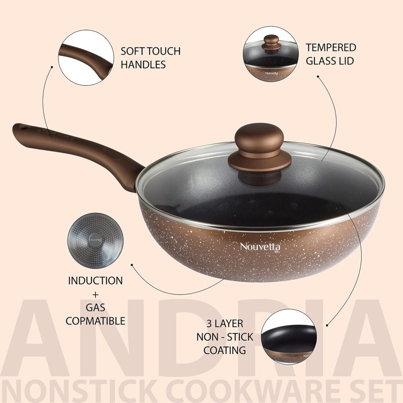 Nouvetta Andria Non-Stick Cookware Set of 5 peices(Dosa Tawa, Kadhai,Frying Pan, Glass Lid,Serving Spoon), Thickness of 3 mm, Black Nouvetta Andria Non-Stick Cookware Set of 5 peices(Dosa Tawa, Kadhai,Frying Pan, Glass Lid,Serving Spoon), Thickness of 3 mm, Black