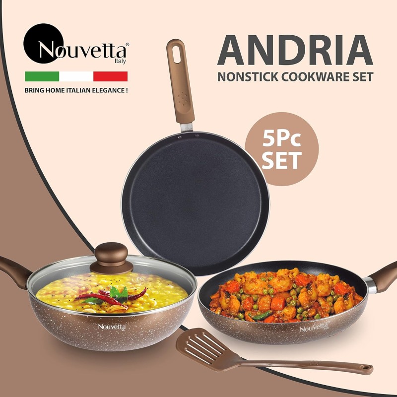 Nouvetta Andria Non-Stick Cookware Set of 5 peices(Dosa Tawa, Kadhai,Frying Pan, Glass Lid,Serving Spoon), Thickness of 3 mm, Black Nouvetta Andria Non-Stick Cookware Set of 5 peices(Dosa Tawa, Kadhai,Frying Pan, Glass Lid,Serving Spoon), Thickness of 3 mm, Black