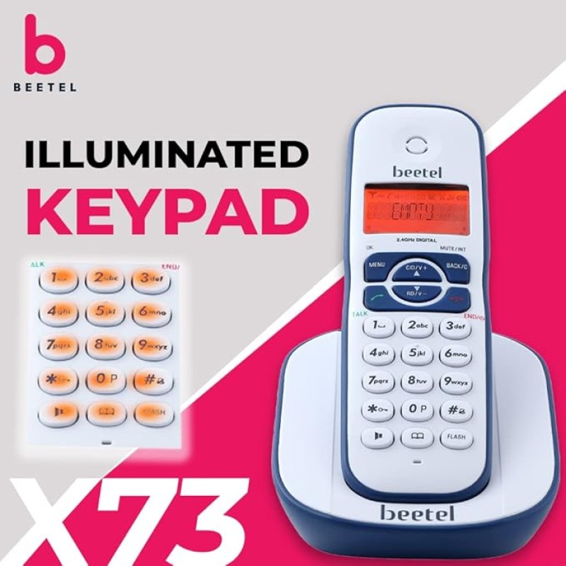 Beetel X73 Cordless 2.4Ghz Cordless Landline Phone with Caller ID Display, 2-Way Speaker Phone with Volume Controls, Auto Answer, Alarm Function, Stylish Design (Blue/White)(X73) Beetel X73 Cordless 2.4Ghz Cordless Landline Phone with Caller ID Display, 2-Way Speaker Phone with Volume Controls, Auto Answer, Alarm Function, Stylish Design (Blue/White)(X73)