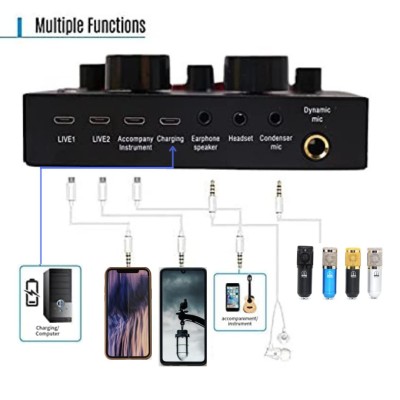 ZHIZUKA Condenser USB Microphone Set V8 Sound Card Mixer Amplifier Voice Changer Audio Interface | Singing Smule Live Streaming Podcast Broadcasting (3.5 Mm Mic + Sound Card, Black)